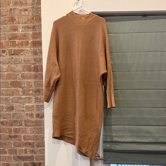 Dex Sweaters - Dex Camel Ribbed Cowl-Neck Sweater Dress